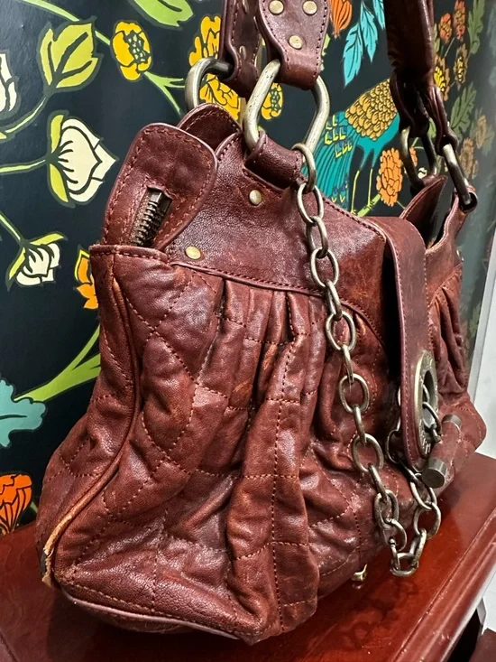 Bally Mopeeh Quilted Leather Shoulder Bag Brown Chain Medallion Y2K Italy - Picture 7 of 14